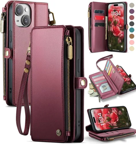 Defencase Compatible con iPhone 15 Plus Funda Cartera con Tarjetero de Bloqueo RFID para Mujeres y Hombres, Cuero PU Cierre Magnético Plegable Rojo