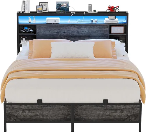 Unikito Base de cama de tamaño individual con estación de carga y luz LED RGB, plataforma resistente con cabecera de almacenamiento, listones de