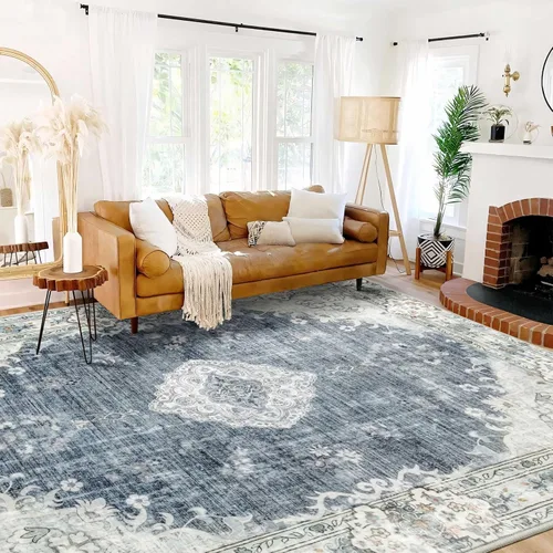 Miniatura 10 de MUJOO Alfombra Pasillo Runner 2'x8' Azul Gris Alfombras Largas Boho Lavable a Máquina Antideslizante para Entrada Cocina Baño Dormitorio Retro Suave