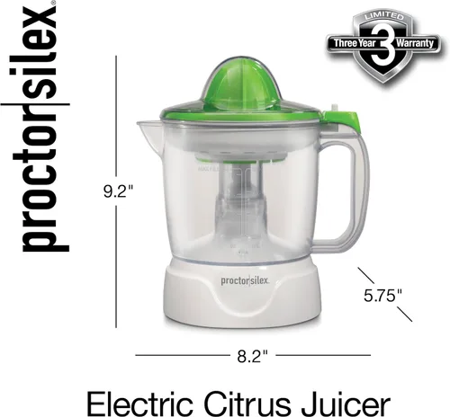 Miniatura 8 de Proctor Silex Máquina Exprimidora Eléctrica de Cítricos, Jarra Grande de 34 oz, Activada por Presión, 2 Conos Extractores para Frutas Grandes