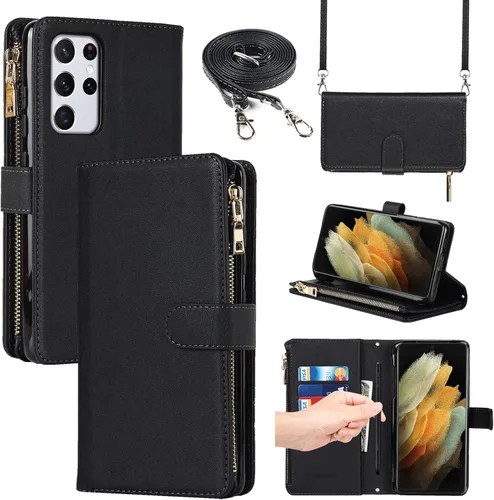 Funda tipo cartera para Samsung Galaxy S21 Ultra 5G con soporte para ranura para S-Pen [9 ranuras para tarjetas] Correa de hombro ajustable color