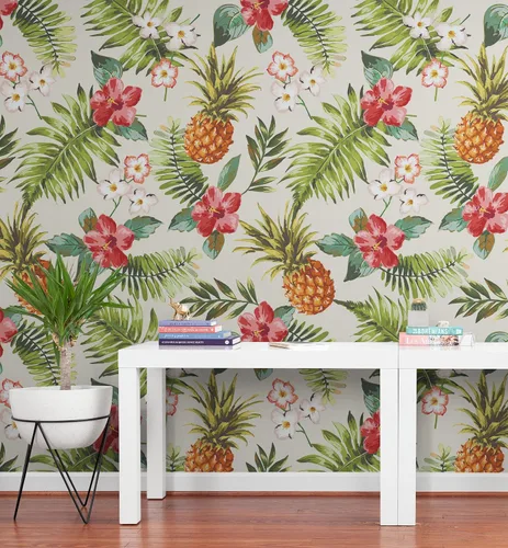Miniatura 7 de Mural de pared con ambiente tropical de piña. Papel tapiz hawaiano para despegar y pegar, decoración temática Paradise Vibe. #6447