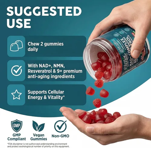 Miniatura 6 de Gomas de Suplemento Youth Bloom NAD+ con Resveratrol, Fisetin, Germen de Trigo, Berberina, Taurina, Cúrcuma, Colágeno, Astaxantina, Nicotinamida