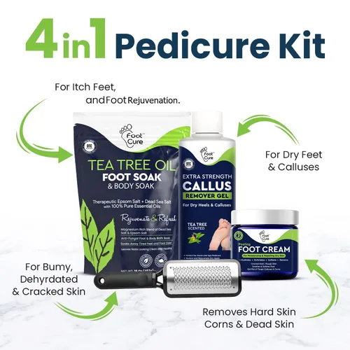 Miniatura 3 de FOOT CURE Juego de pedicura exfoliante y removedor de callos – Kit de cuidado que incluye lima para piel muerta, sales de remojo de aceite de árbol