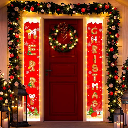 Miniatura 7 de Cartel de decoración de Navidad colgante al aire libre - Cartel rojo colgante con patrón de galletas y tira de luces para decoración de fiesta