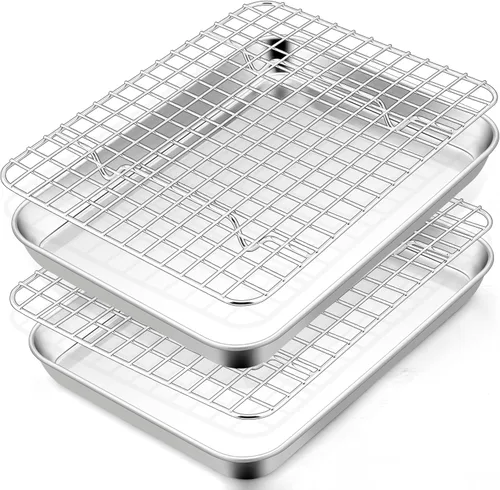 TeamFar - Juego de bandeja para mini horno tostador con estante, 9 x 7 x 1 pulgada de acero inoxidable con rejilla para hornear, asar y enfriar, sin