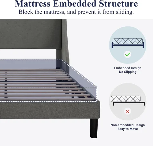 Miniatura 6 de Allewie Estructura de Cama de Plataforma Tamaño Full con Cabecera Tapizada – Diseño Moderno Deluxe con Respaldo Alado, Soporte de Listones de Gris