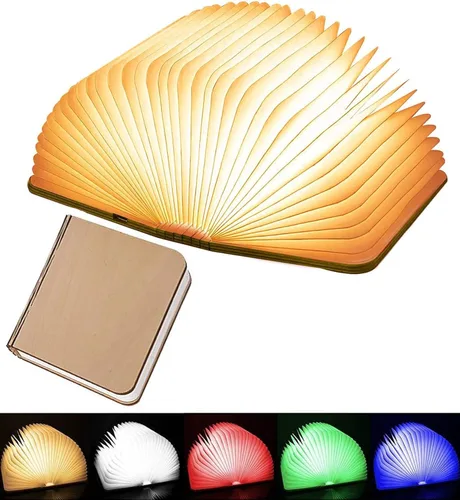 Luz de Libro de Madera, Luz Nocturna LED Creativa Mejorada de 5 Colores, Recargable por USB, Magnética, Plegable, Luz de Ambiente para Decoración de