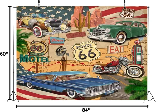 Miniatura 8 de BELECO Telón de fondo de tela de 7 x 5 pies con temática de Ruta 66 con temática de cómic, mapa de ruta retro, motel, motocicleta, autos clásicos