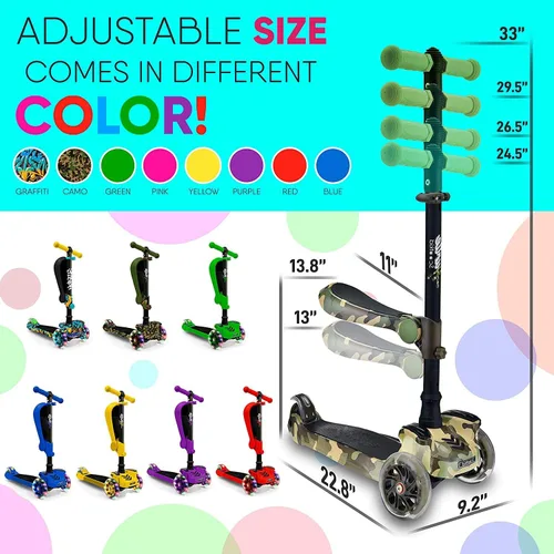 Miniatura 6 de Hurtle Patinete de 3 ruedas para niños, luces LED de ruedas, manubrio ajustable de inclinación para dirigir y asiento plegable, paseo sentado