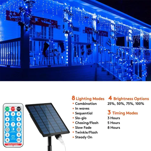 Miniatura 3 de Luces solares de Navidad de 320 LED, luces de cortina impermeables para decoraciones navideñas al aire libre, 29.5 pies, 60 gotas, 8 modos, luces