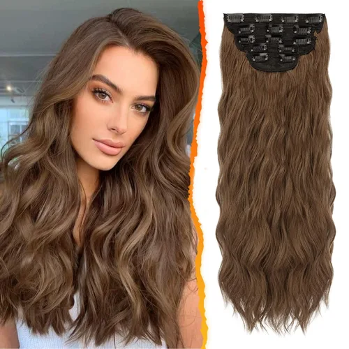 Miniatura 9 de BARSDAR Extensiones de cabello ondulado con clip, color marrón chocolate oscuro, extensiones de cabello con clip de 20 pulgadas para mujer, 5 piezas