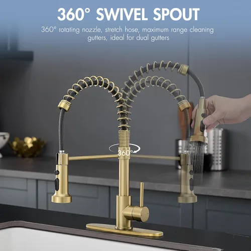 Miniatura 3 de AIMADI - Grifo de cocina dorado con rociador extraíble, grifo de cocina comercial de una sola manija con placa de cubierta, acabado en oro cepillado