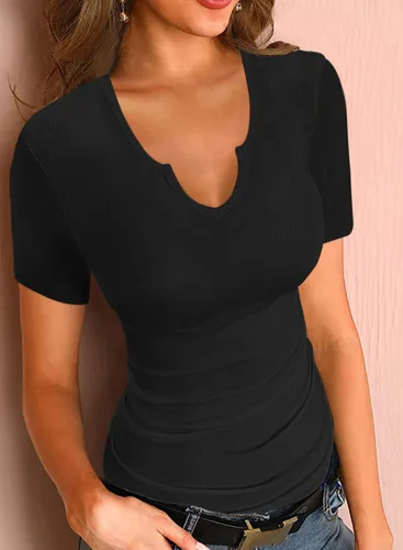 Miniatura 2 de SANDERY Camisetas básicas de verano para mujer, cuello en V, sexy, de manga corta, ajustadas, acanaladas, casuales