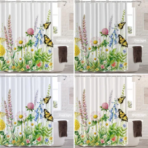 Miniatura 9 de Batmerry Cortina de ducha decorativa botánica con hojas blancas, flores románticas, borde victoriano, libélula y flores silvestres, bonita y ancha