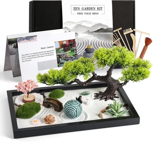 Kit de jardín Zen para decoración de escritorio - Juego de caja de jardín Zen de arena mini japonés premium hermoso para el hogar, oficina con