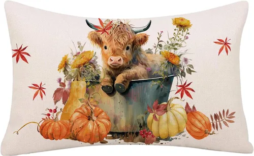 GAGEC Fundas de almohada de otoño de 12 x 20 pulgadas, diseño de flores, vaca, calabazas, para otoño, decoración del hogar, sofá, dormitorio,