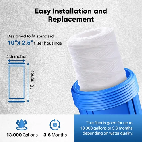 Miniatura 3 de PUREPLUS Filtro de sedimentos para heridas de cuerda para toda la casa de 5 micrones de 10 x 2.5 pulgadas para agua de pozo, cartucho de repuesto