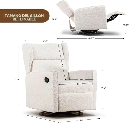 Miniatura 2 de COMHOMA Mecedora para Cuarto de Bebé Teddy Tapizada Mecedora Giratoria Reclinable Manual Deslizante Silla Reclinable para Sala de Estar Dormitorio
