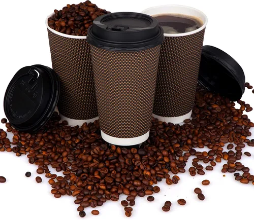 Miniatura 7 de Promora Tazas de café desechables marrones con tapas de 16 onzas, tazas de papel onduladas de papel aislado premium para café caliente