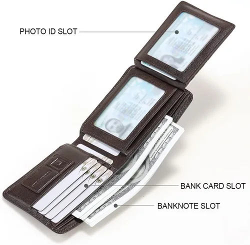 Miniatura 54 de Billetera de piel triple con bloqueo RFID para hombre con 2 ventanas de identificación, 2 compartimentos para efectivo, 6-8 ranuras para tarjetas