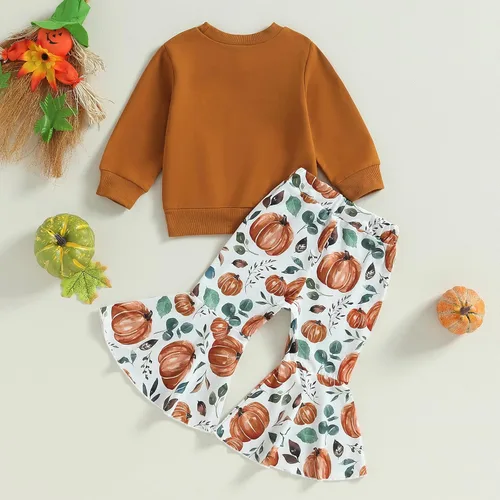 Miniatura 3 de Madjtlqy Conjunto de ropa de Halloween para bebé niña con estampado de calabaza con estampado de calabaza, camiseta de manga larga + pantalones