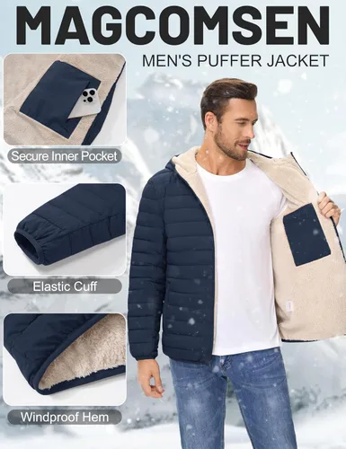 Miniatura 20 de MAGCOMSEN Chaqueta acolchada para hombre con capucha, forro de vellón, chaqueta térmica resistente al agua, chaqueta de plumón con cremallera