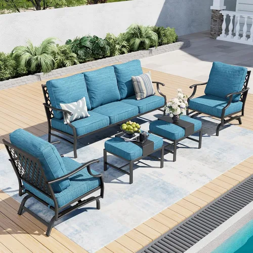 Miniatura 17 de SUNSHINE VALLEY Juego de muebles de patio, 4 piezas de muebles modernos de metal para exteriores, sofá de 3 plazas, 2 sillas mecedoras, mesa