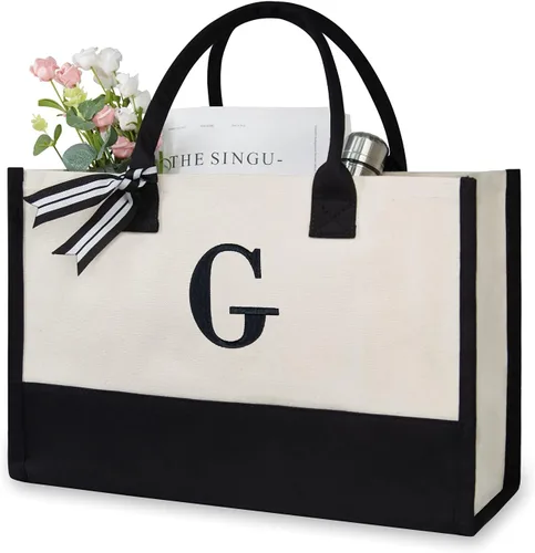 Miniatura 295 de TOPDesign - Bolso de playa de lona con inicial personalizada, bolsa de regalo con monograma, para mujer