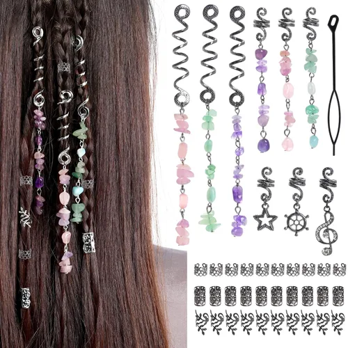 Miniatura 8 de hoyuwak - 40 accesorios para el cabello con piedra de cristal de color natural, dijes metálicos para el cabello, espirales de rastas plateadas