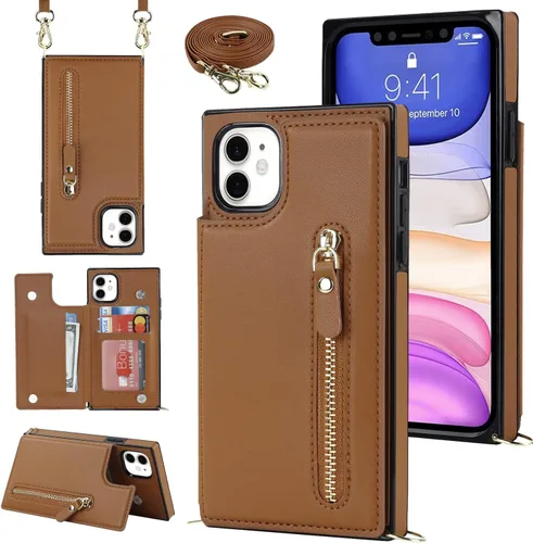 Miniatura 40 de Funda cruzada para teléfono iPhone 13 Pro Max de cuero con tarjetero, funda protectora extraíble, correa de cuero ajustable con botón, compatible