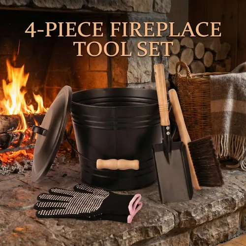 Miniatura 4 de Kit de limpieza de estufa y chimenea de 4 piezas: cubo de ceniza pequeño de 1.59 galones, cepillo, guantes, juego de herramientas de paleta