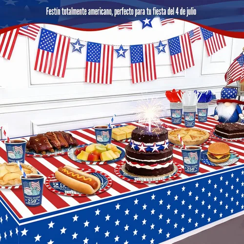 Miniatura 4 de 256 piezas de decoración del 4 de julio, 250 aniversario, bandera patriótica estadounidense, suministros para fiesta, 32 4 de julio, platos de papel