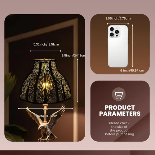 Miniatura 4 de Pantalla de metal grande con diseño de bosque grabado, 5.32 x 13 x 9.5 pulgadas, 8 pétalos, forma de loto, se adapta a lámpara de pie, lámpara
