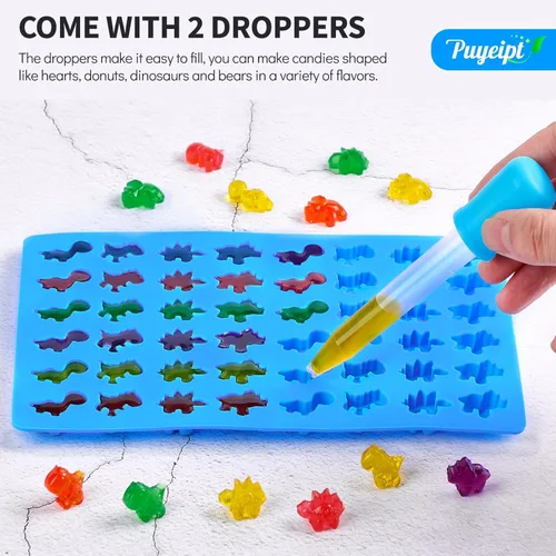 Miniatura 5 de Puyeipt 4 moldes de silicona para gomitas, 201 cavidades, antiadherentes, tamaño mini, para osos de goma, dinosaurios, corazones y donas, con 2