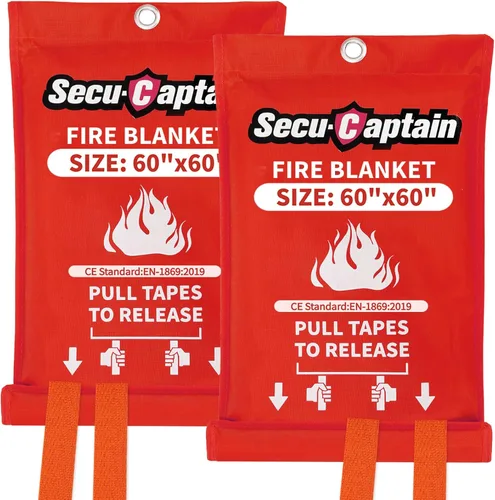 SecuCaptain Manta de emergencia contra incendios para el hogar, paquete de 2 mantas ignífugas extragrandes de 60 x 60 pulgadas con pestañas