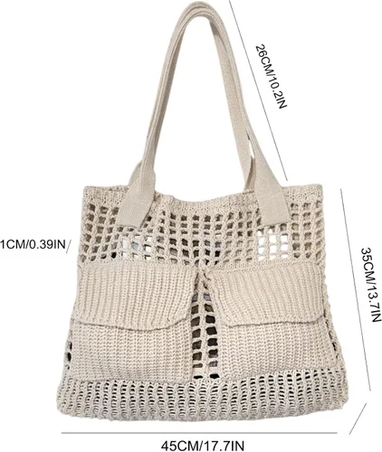 Miniatura 24 de ENBEI Bolsa de playa para mujer, diseño hueco de punto de ganchillo, elegante para la playa, viajes y uso diario