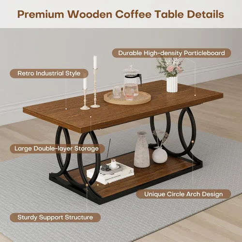 Miniatura 6 de BECHAEO Mesa auxiliar industrial moderna para sala de estar, 41.7 pulgadas, parte superior rectangular de madera gruesa con patas de arco de metal