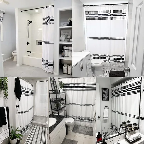 Miniatura 6 de Seasonwood Cortinas de ducha extralargas con borlas modernas en blanco y negro, impermeables, 72 x 96 pulgadas