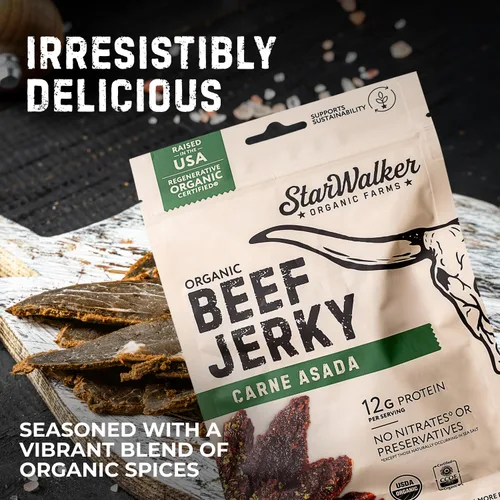 Miniatura 6 de StarWalker Organic Farms Carne Asada Beef Jerky – Certificada Orgánica, 36g de Proteína, Sin Nitratos ni Conservantes, Alimentada con Pasto, Bolsa