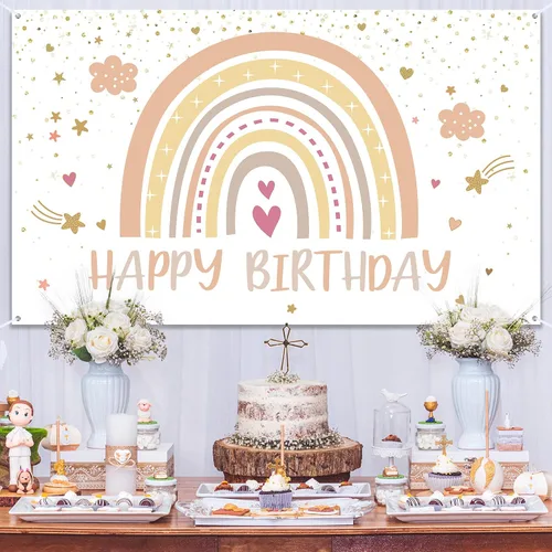Miniatura 4 de Hestya Decoraciones de fiesta boho arcoíris para cumpleaños, telón de fondo de cumpleaños de feliz primer cumpleaños, decoraciones de accesorios