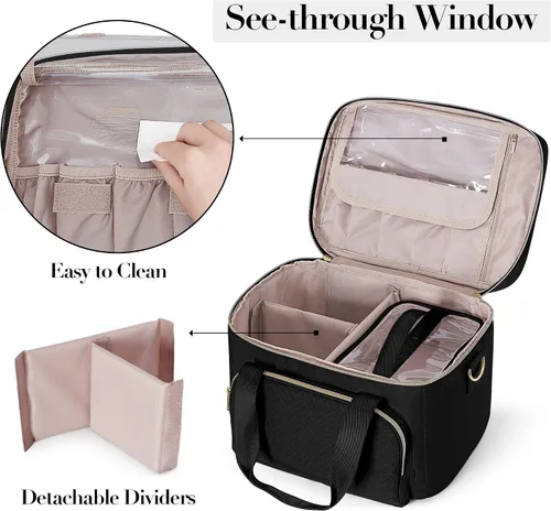 Miniatura 3 de Bolsa de maquillaje de viaje con 2 bolsas y divisores ajustables, estuche organizador de maquillaje grande para mujeres, se adapta a botellas Negro