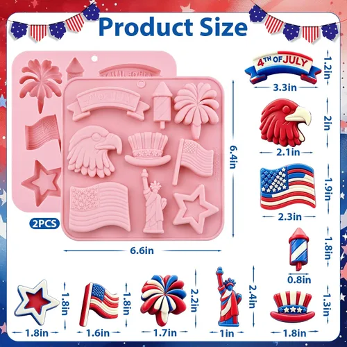 Miniatura 2 de Moldes de silicona para el 4 de julio, paquete de 2 moldes de chocolate para el Día de la Independencia, bandeja patriótica de silicona para dulces