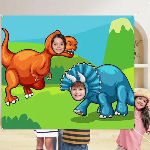 Miniatura 4 de Lindo cartel de caricatura de dinosaurio Triceratops telón de fondo de cara de T-Rex juego de fiesta de juego de selva temática de dinosaurios