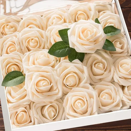 Higfra Flores artificiales color champán con tallo, decoración rústica de granja para el hogar, boda, cocina y oficina, ideal para despedida de