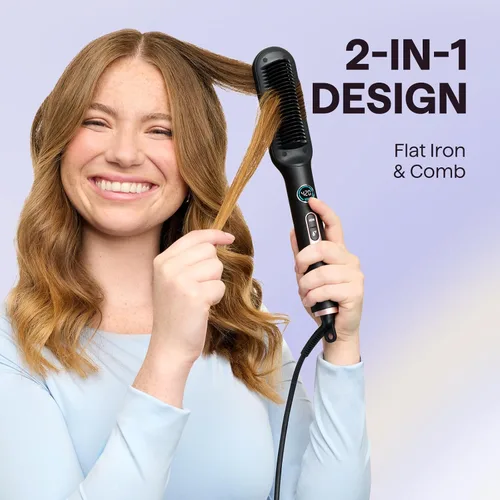 Miniatura 2 de Cepillo alisador de pelo Wavytalk, cepillo alisador iónico Sleek Sweep, peine alisador de cerámica antiquemaduras con pantalla LED para cabello Oro