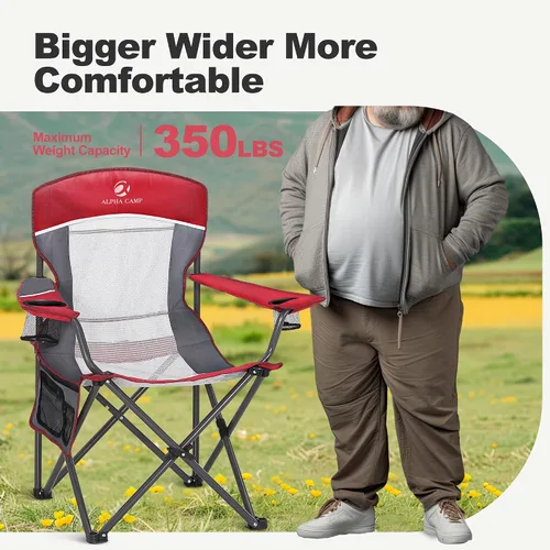 Miniatura 3 de LET'S CAMP Silla de campamento con respaldo de malla, portátil, plegable, resistente, soporte para exteriores, 330 libras, silla de brazo grande Rojo