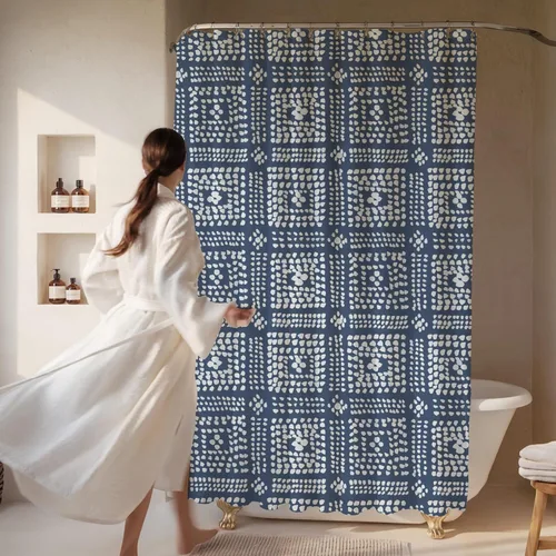 Miniatura 2 de Cortina de Ducha Moderna con Estampado Shibori Azul - Patrón Geométrico Boho de Puntos - Diseño Mudcloth - Cortina de Ducha Decorativa de Tela