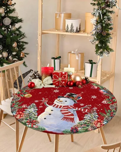 Miniatura 12 de Mantel ajustado redondo de Navidad con Poinsettia, mantel de lino retro de Navidad impermeable para mesa circular, mantel circular elástico de Rojo