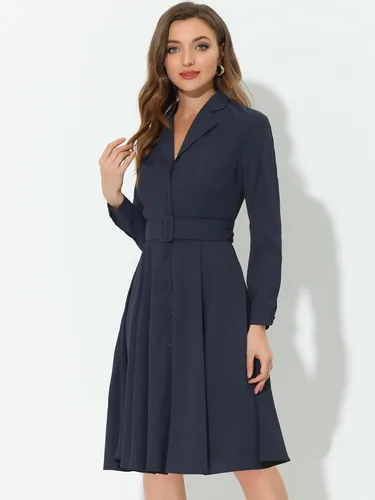 Miniatura 2 de Allegra K Vestido de trabajo para mujer, con cuello de solapa, cinturón y botones hasta la rodilla